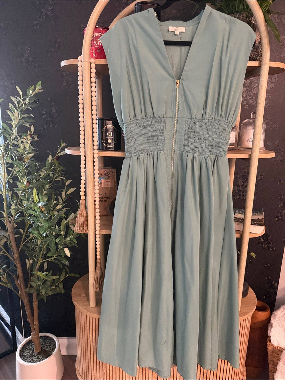 Etro Sage Green V-Neck Midi Dress with Smocked Waist
